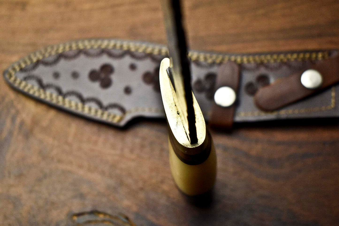 Heritage Forge 14 Inch Custom Handmade Damascus Hunting Bowie Knife with Camel Bone Handle