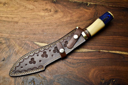 Heritage Forge 14 Inch Custom Handmade Damascus Hunting Bowie Knife with Camel Bone Handle