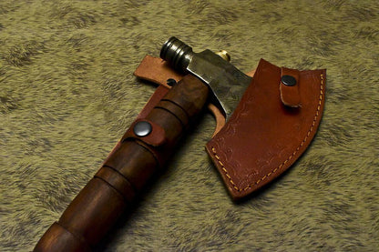 Handmade Damascus Walnut Wood Tomahawk Hunting Axe Knife with Pipe and Leather Sheath