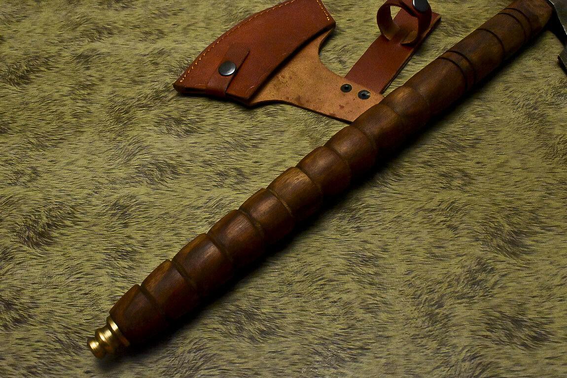 Handmade Damascus Walnut Wood Tomahawk Hunting Axe Knife with Pipe and Leather Sheath