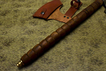 Handmade Damascus Walnut Wood Tomahawk Hunting Axe Knife with Pipe and Leather Sheath