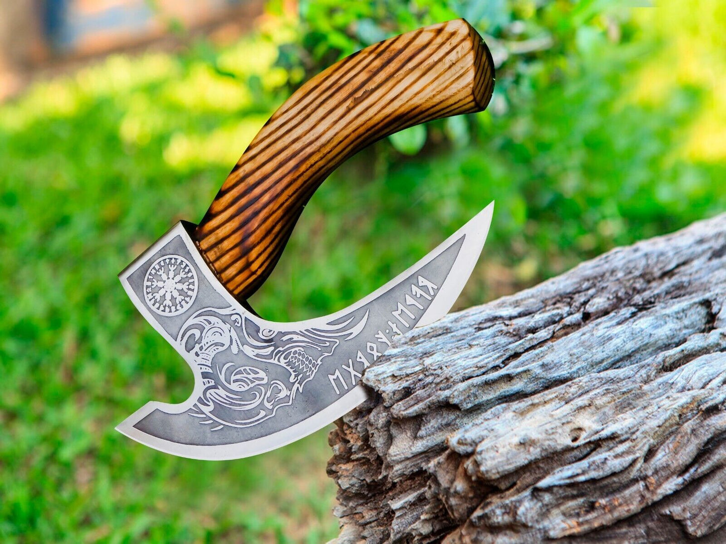 Hand Forged Carbon Steel Viking Bearded Cutter Axe with Ashwood Handle and Leather Sheath – Camping & Outdoor Tool