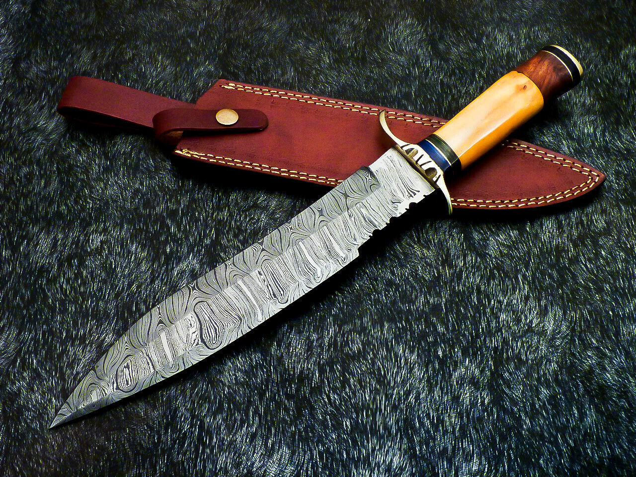 14" Hand-Forged Damascus Steel Bowie Hunting Knife – Stained Bone & Wood Handle