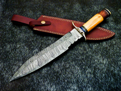 14" Hand-Forged Damascus Steel Bowie Hunting Knife – Stained Bone & Wood Handle