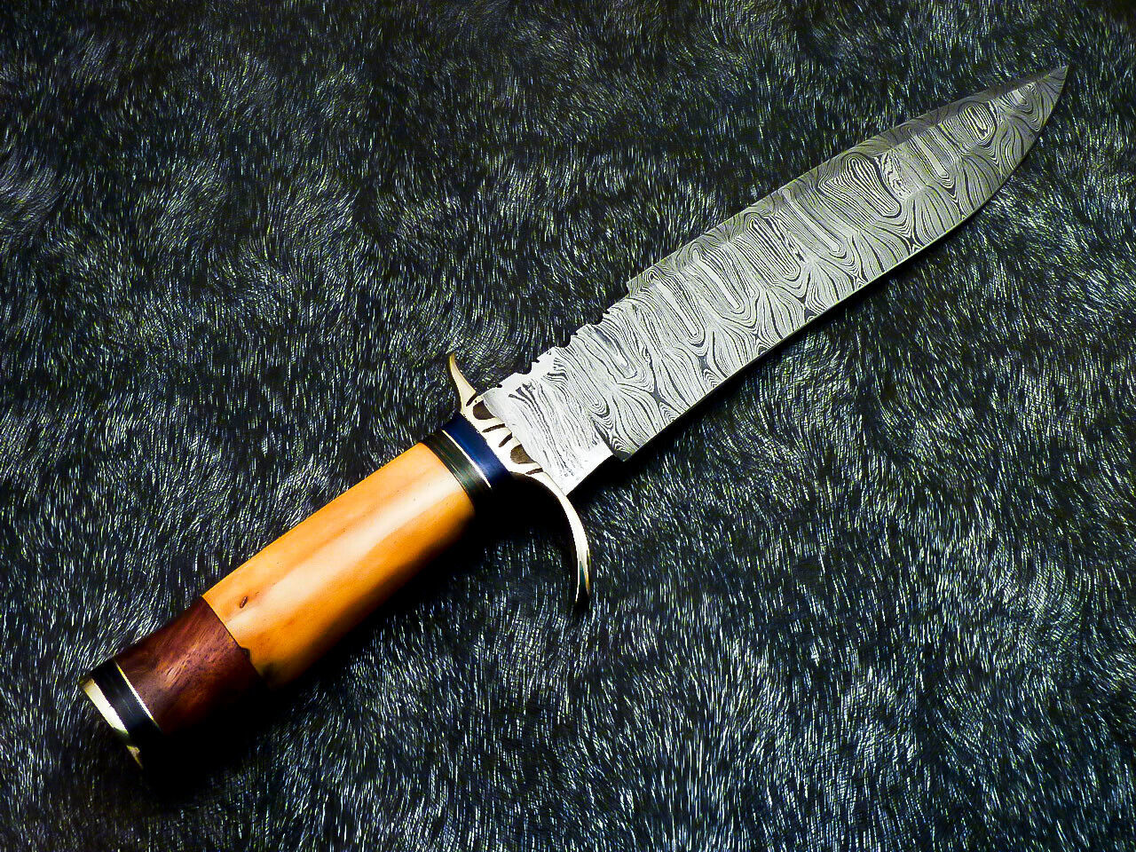 14" Hand-Forged Damascus Steel Bowie Hunting Knife – Stained Bone & Wood Handle