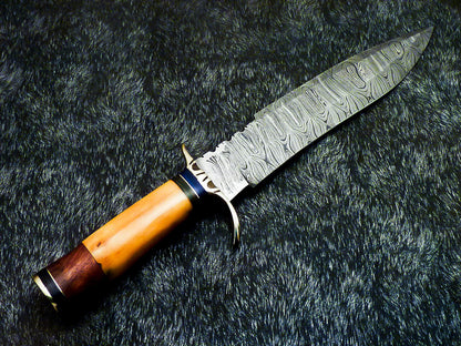 14" Hand-Forged Damascus Steel Bowie Hunting Knife – Stained Bone & Wood Handle