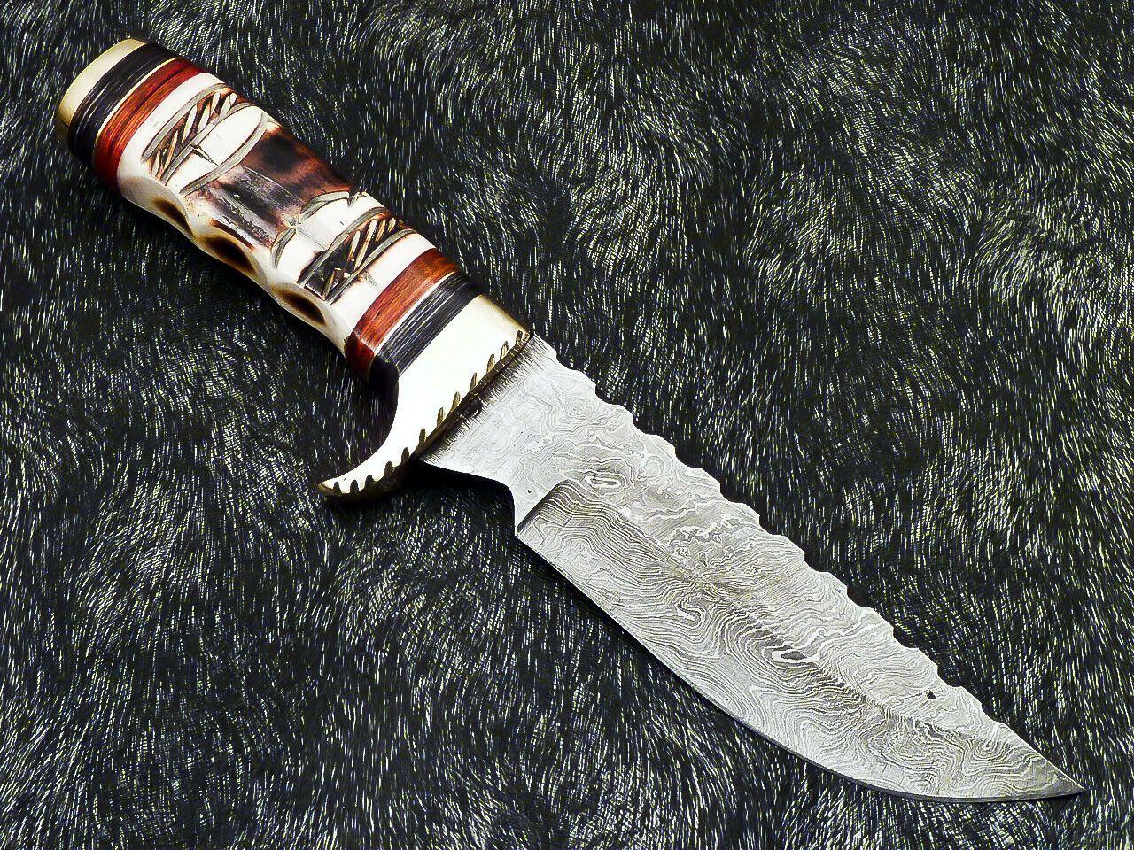 Authentic Hand Forged Damascus 12" Bowie Hunting Knife – Engraved Camel Bone Handle