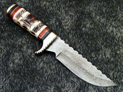Authentic Hand Forged Damascus 12" Bowie Hunting Knife – Engraved Camel Bone Handle