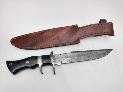 Heritage Forge Handmade Damascus Steel Bowie Knife with Rosewood Handle and Leather Sheath
