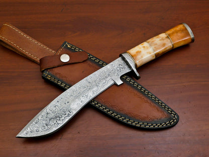 Heritage Forge 12" Damascus Steel Hunting Knife with Stained Camel Bone Handle