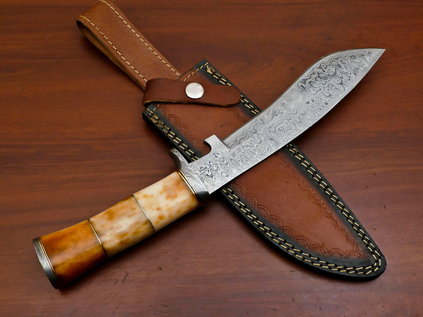 Heritage Forge 12" Damascus Steel Hunting Knife with Stained Camel Bone Handle