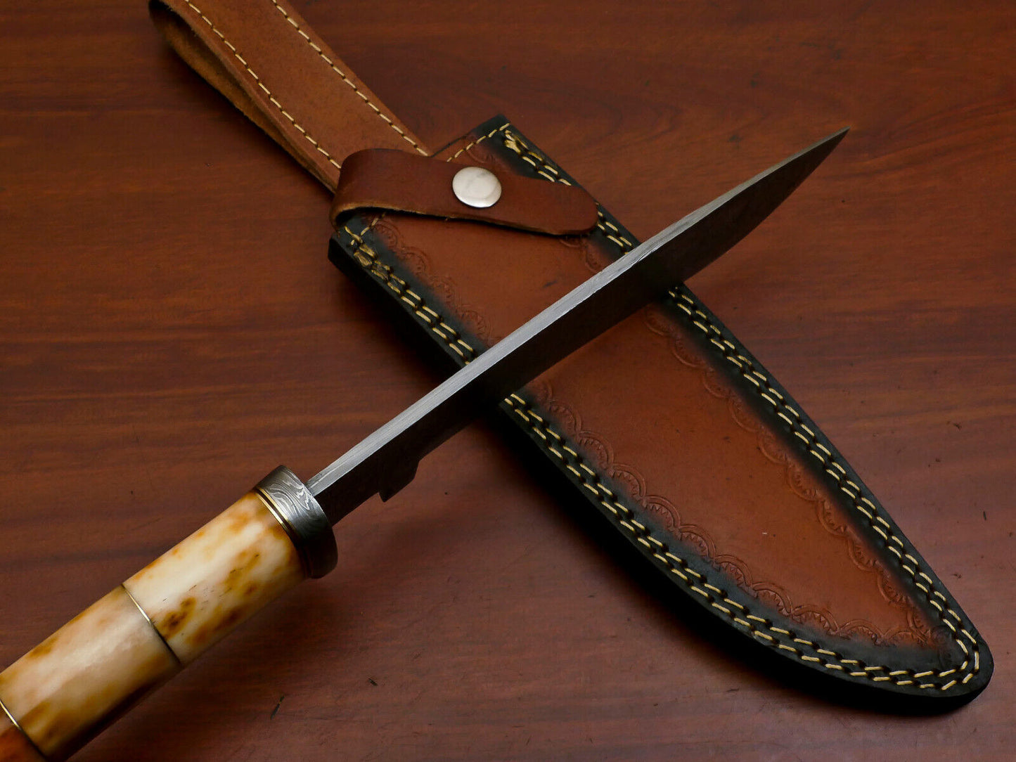 Heritage Forge 12" Damascus Steel Hunting Knife with Stained Camel Bone Handle