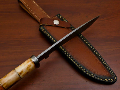 Heritage Forge 12" Damascus Steel Hunting Knife with Stained Camel Bone Handle