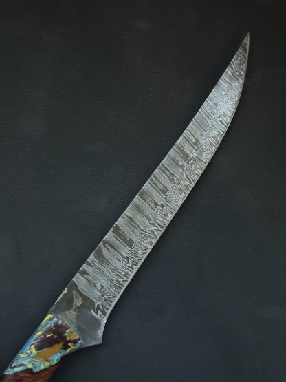12" Handmade Damascus Fillet Knife Custom Fillet Knife with Resin & Wood Handle