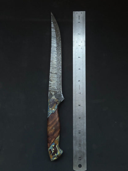 12" Handmade Damascus Fillet Knife Custom Fillet Knife with Resin & Wood Handle