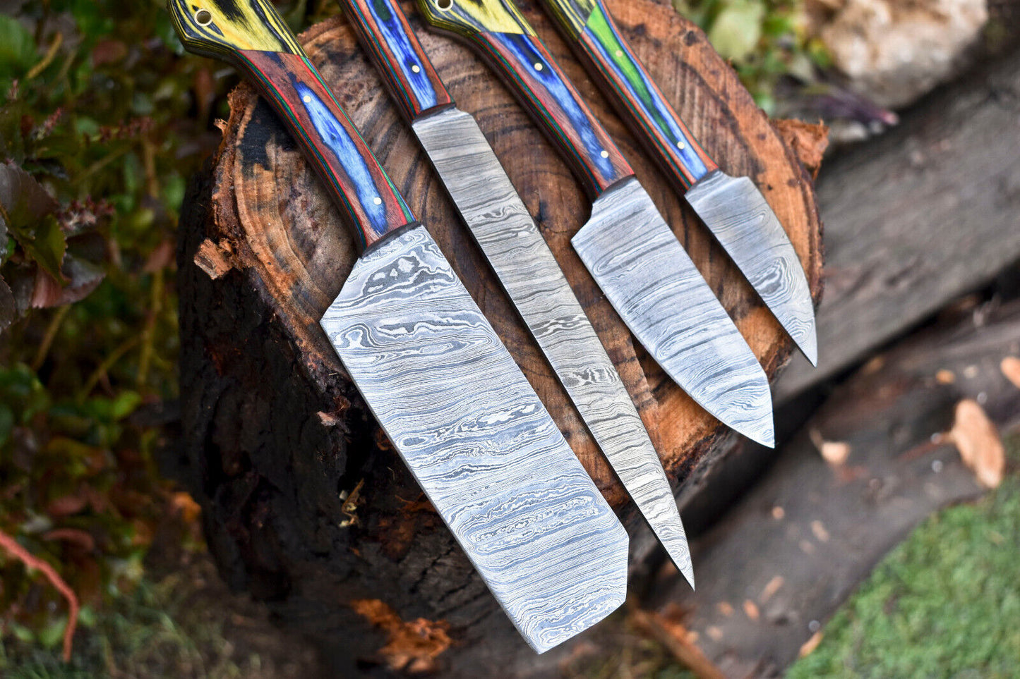 Lot of 4 Handmade Damascus Steel Full Tang Kitchen Chef & Steak Knife Set
