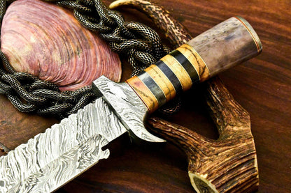 14.5" Rare Handmade Damascus Bowie Hunting Knife | Farms Camel Bone Handle