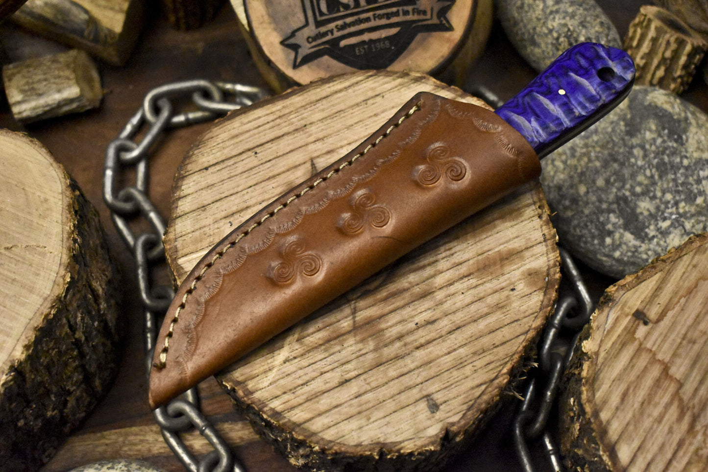 Twist Damascus Skinner Knife with Walnut Wood Handle EDC Hunting Blade