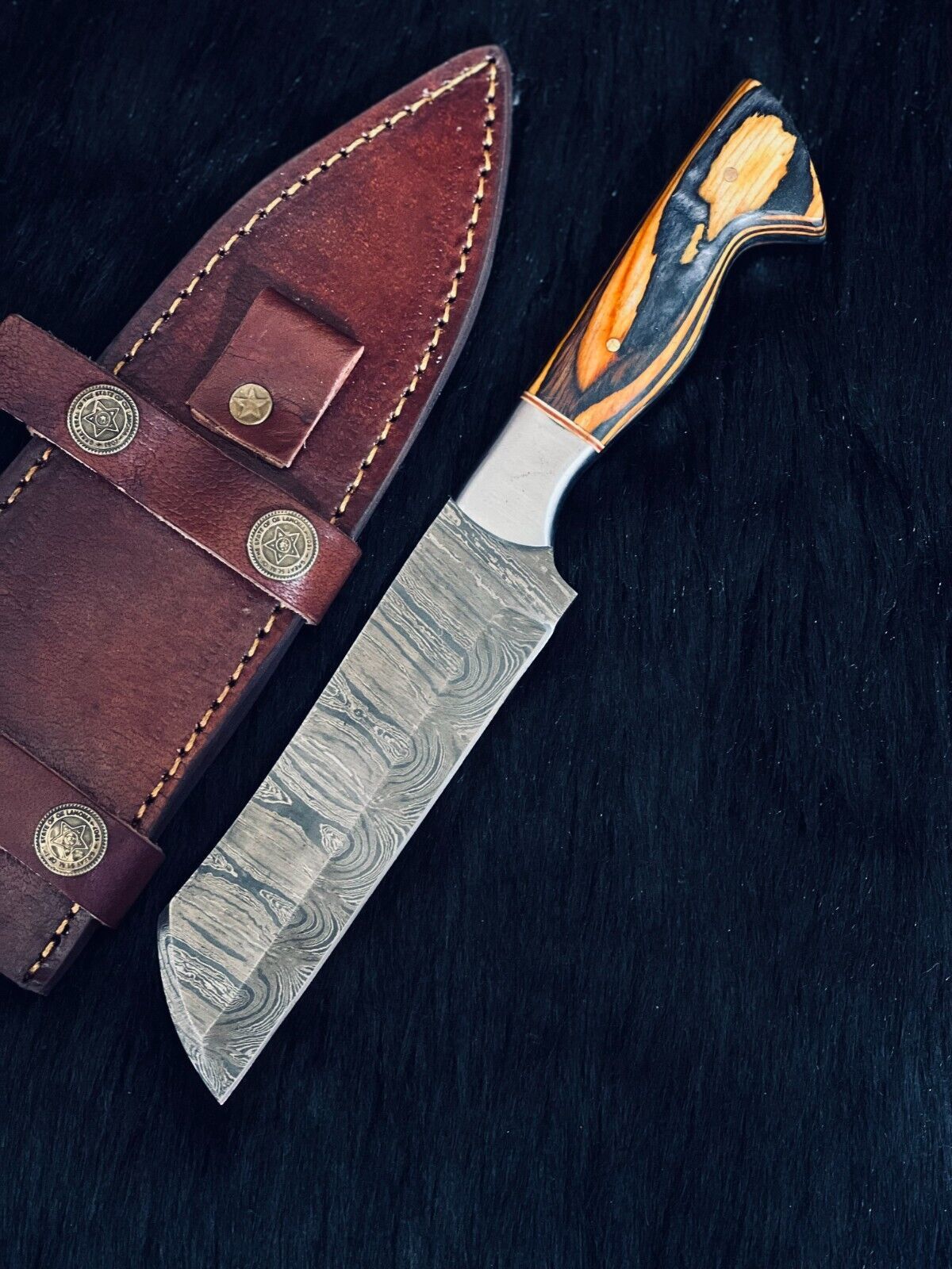 9.5" Custom Twist Damascus Steel Bowie Hunting Knife – Camel Bone & Wood Handle