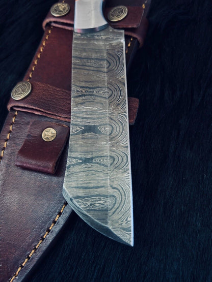 9.5" Custom Twist Damascus Steel Bowie Hunting Knife – Camel Bone & Wood Handle