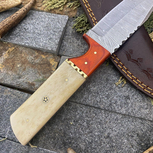 10" Damascus Hunting Bowie Knife – Wood & Bone Handle with Leather Sheath