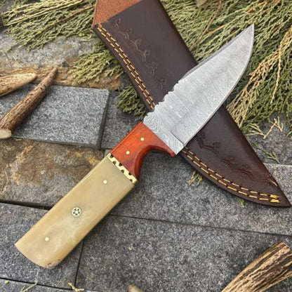 Heritage Forge Handmade Damascus Steel Skinner Bowie Knife with Bone and Wood Handle