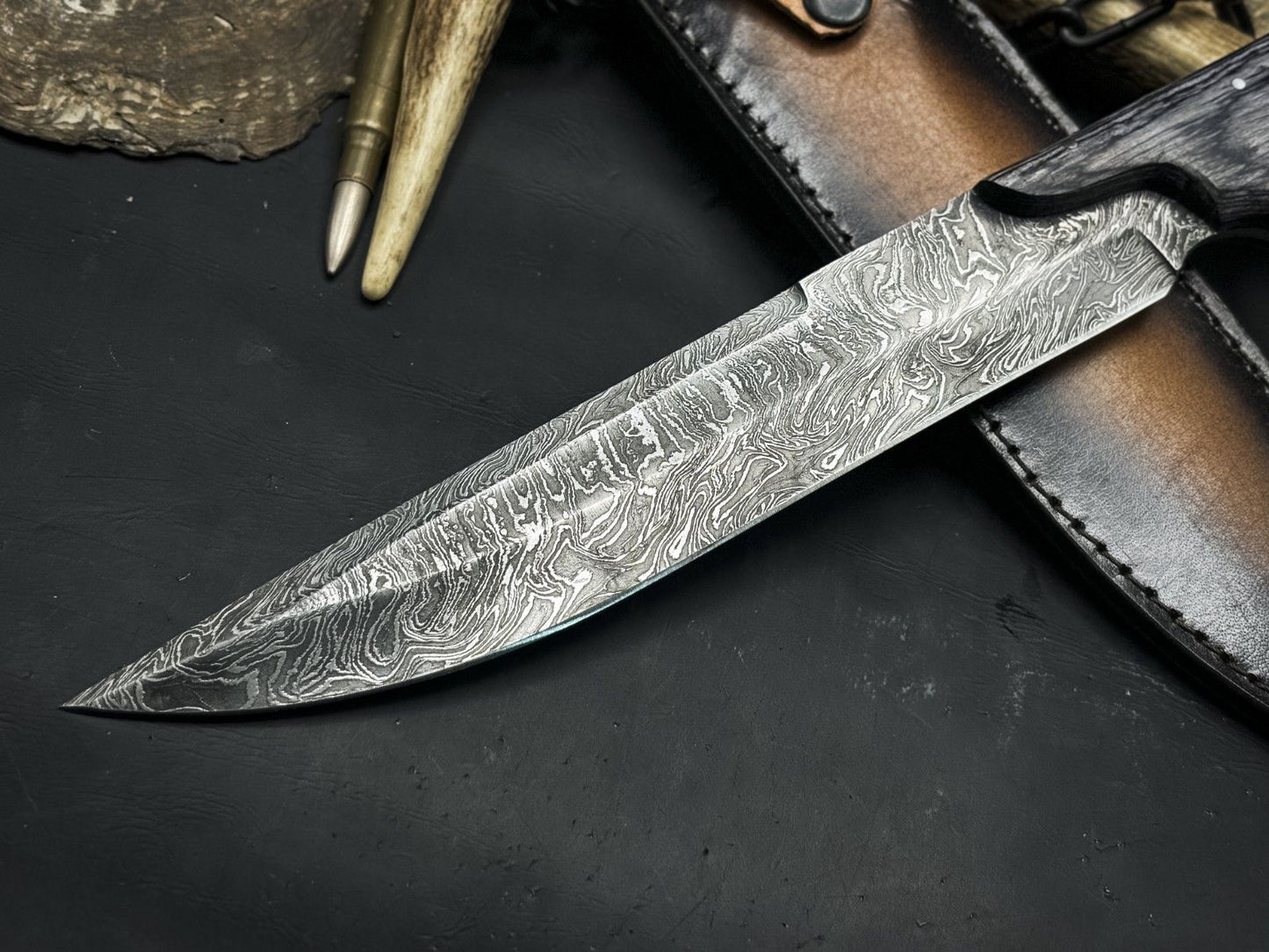 Heritage Forge 15 Inch Handmade Damascus Steel Bowie Hunting Knife Wood Handle