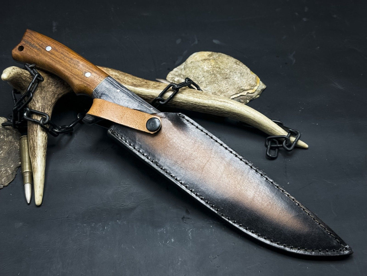 Heritage Forge 15 Inch Handmade Damascus Steel Bowie Hunting Knife Wood Handle
