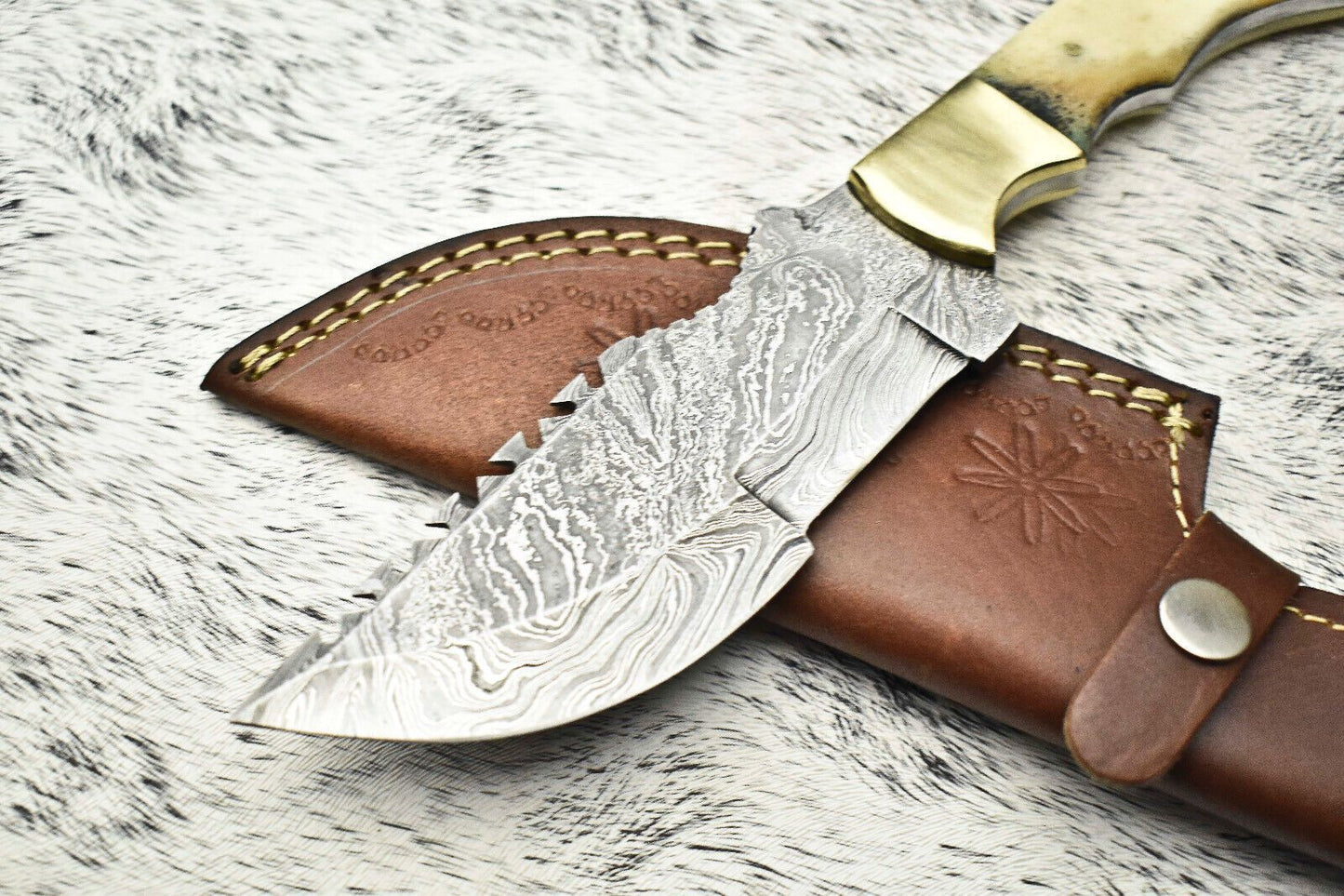 10.0" Handmade Damascus Steel Blade Tracker Knife | Polished Camel Bone Handle