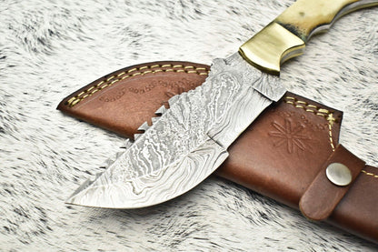10.0" Handmade Damascus Steel Blade Tracker Knife | Polished Camel Bone Handle