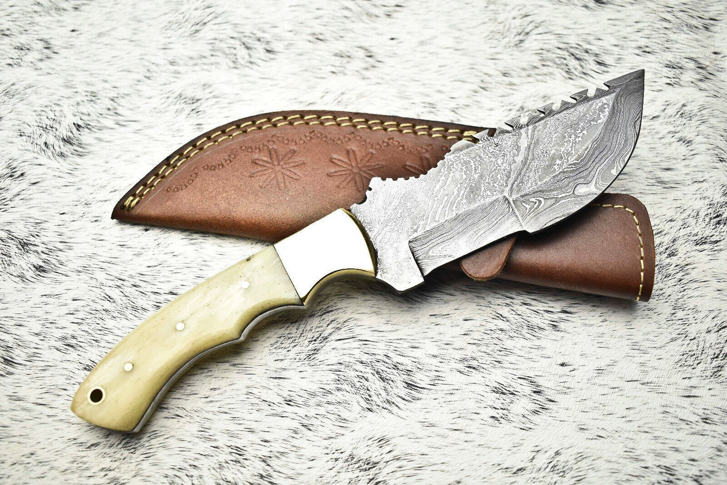 10.0" Handmade Damascus Steel Blade Tracker Knife | Polished Camel Bone Handle