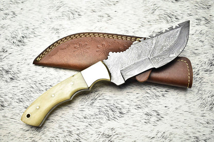 10.0" Handmade Damascus Steel Blade Tracker Knife | Polished Camel Bone Handle