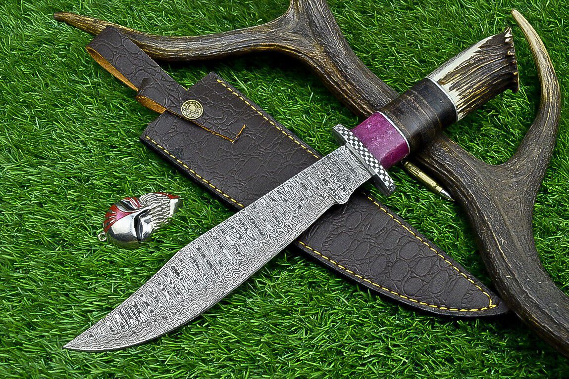 Heritage Forge 14" Damascus Steel Bowie Knife with Stag Horn and Resin Handle