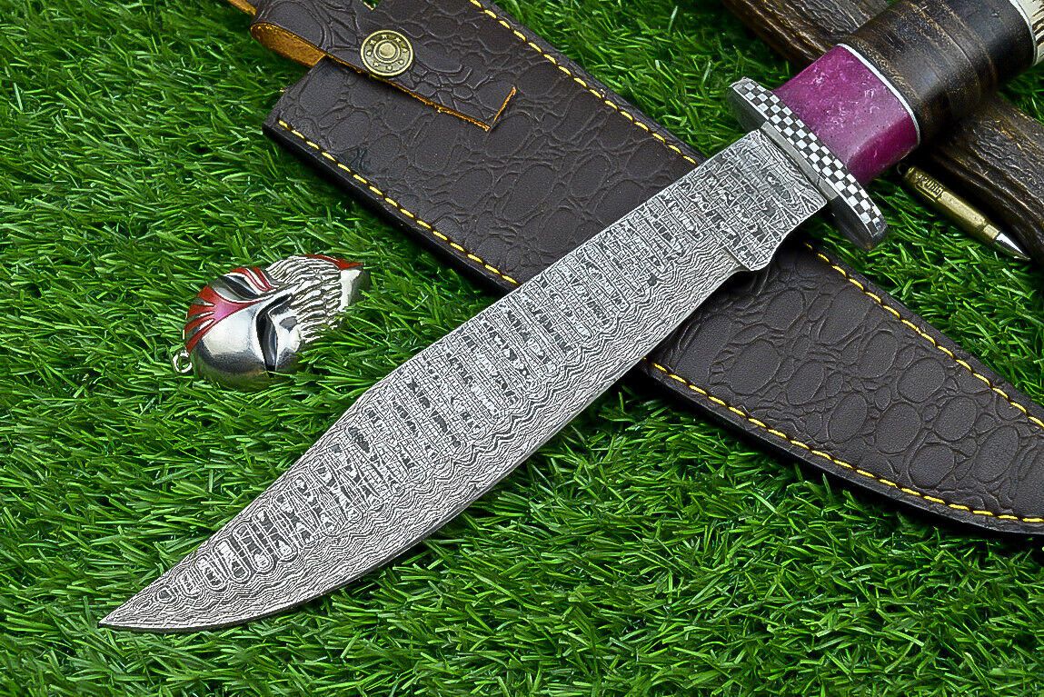 Heritage Forge 14" Damascus Steel Bowie Knife with Stag Horn and Resin Handle