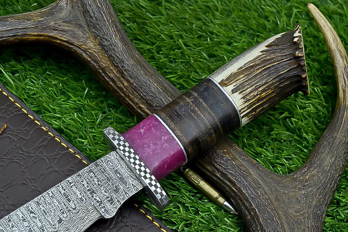 Heritage Forge 14" Damascus Steel Bowie Knife with Stag Horn and Resin Handle