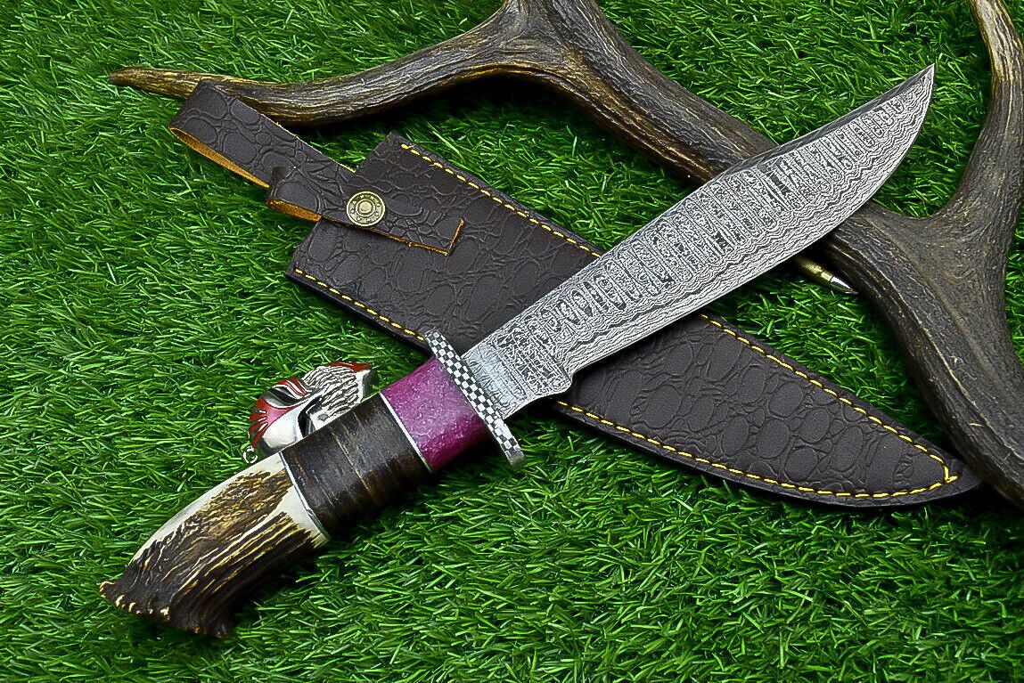 Heritage Forge Wildspire Damascus Bowie Knife with Stag Horn Resin Handle