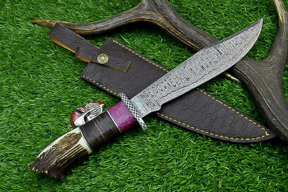 Heritage Forge 14" Damascus Steel Bowie Knife with Stag Horn and Resin Handle