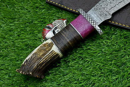 Heritage Forge 14" Damascus Steel Bowie Knife with Stag Horn and Resin Handle