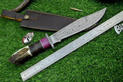 Heritage Forge 14" Damascus Steel Bowie Knife with Stag Horn and Resin Handle