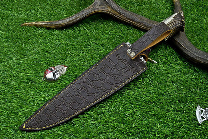 Heritage Forge 14" Damascus Steel Bowie Knife with Stag Horn and Resin Handle