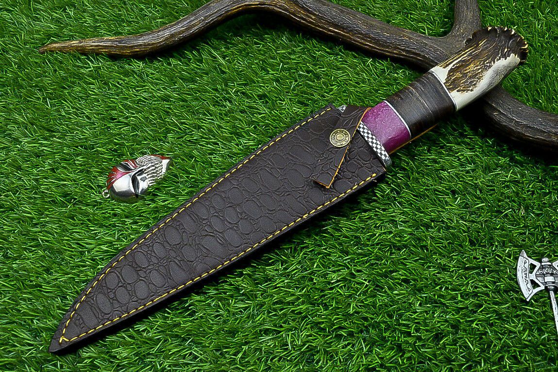 Heritage Forge 14" Damascus Steel Bowie Knife with Stag Horn and Resin Handle