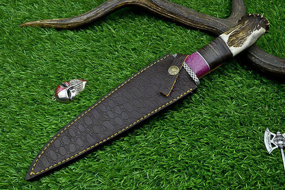 Heritage Forge 14" Damascus Steel Bowie Knife with Stag Horn and Resin Handle