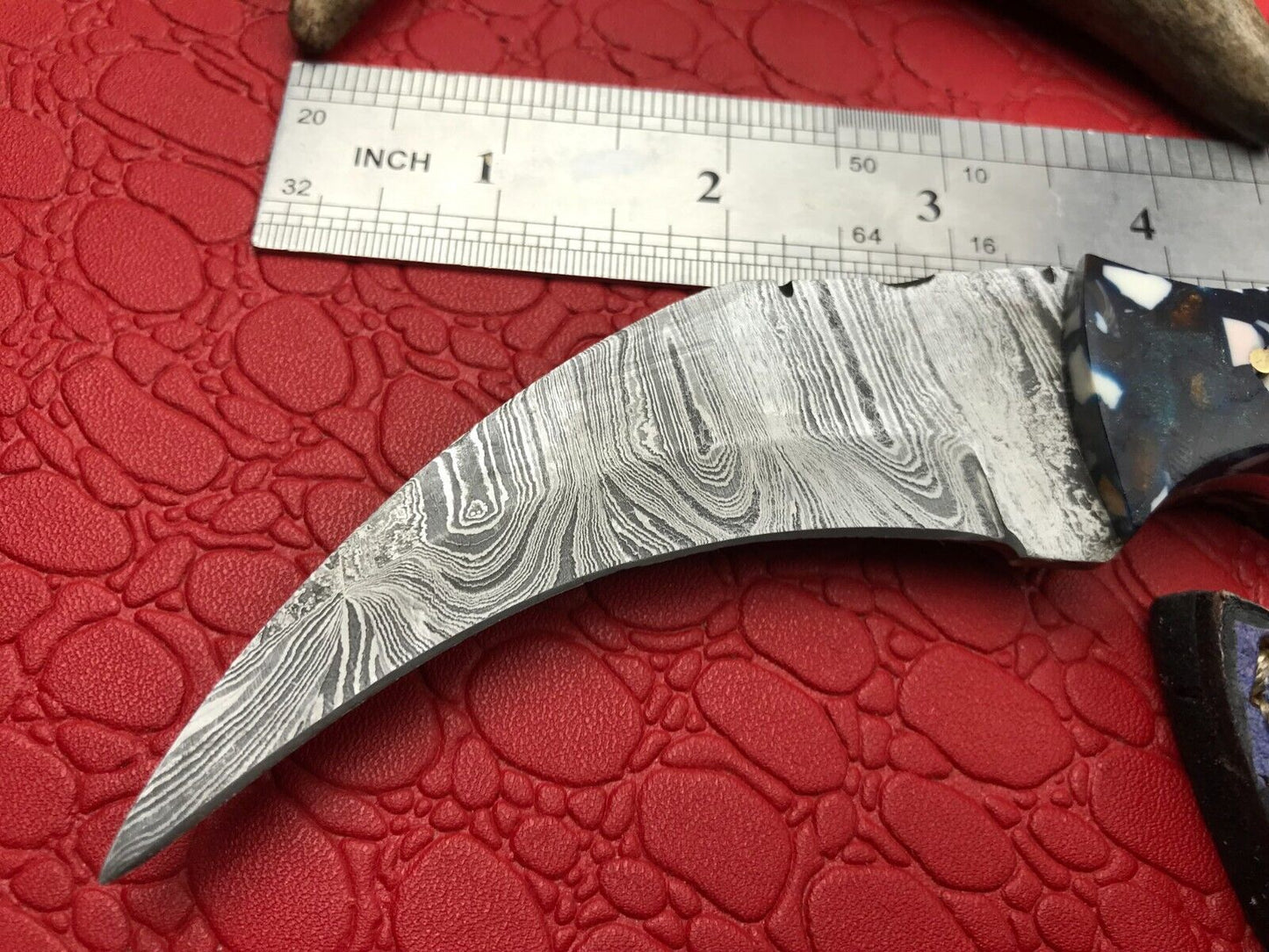 Handmade Damascus Karambit Knife Full Tang Damascus Steel Karambit with Resin Handle