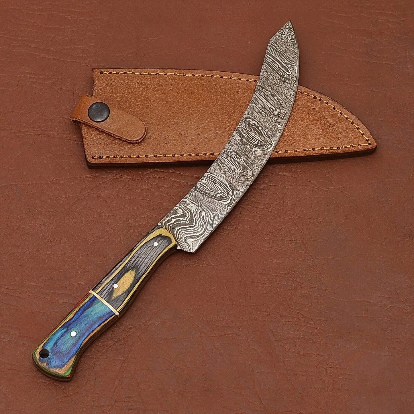 Custom Handmade Damascus Steel Chef Fillet Knife with Wood Handle & Leather Sheath