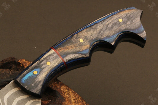 10.5" Handmade Ladder Damascus Steel Bowie Hunting Knife – Wood Handle