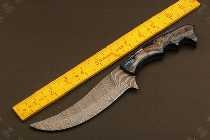 10.5" Handmade Ladder Damascus Steel Bowie Hunting Knife – Wood Handle