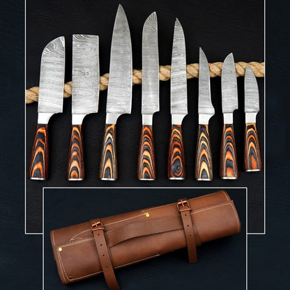 Hand Forged Damascus Steel Chef Kitchen Knife Set of 8 – Pakka Wood Handles + Leather Sheath