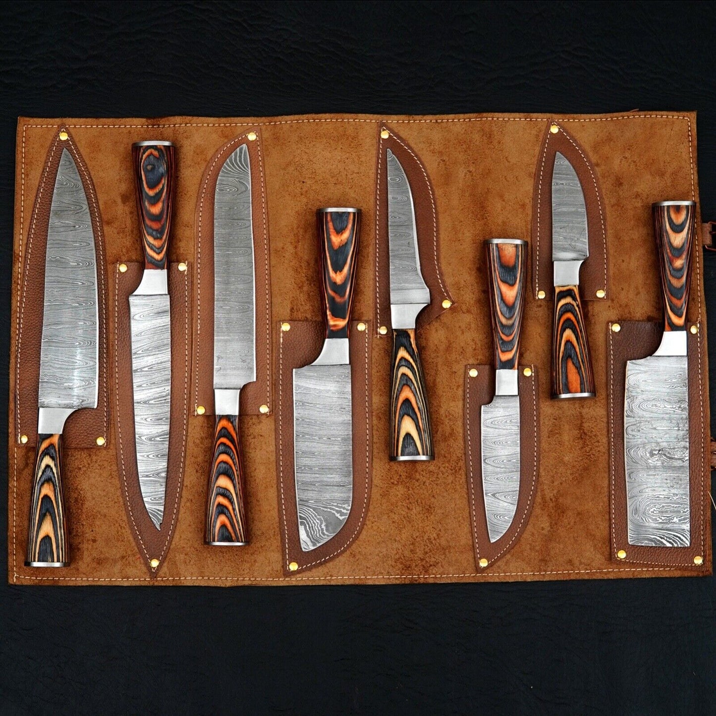 Hand Forged Damascus Steel Chef Kitchen Knife Set of 8 – Pakka Wood Handles + Leather Sheath