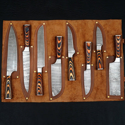 Hand Forged Damascus Steel Chef Kitchen Knife Set of 8 – Pakka Wood Handles + Leather Sheath