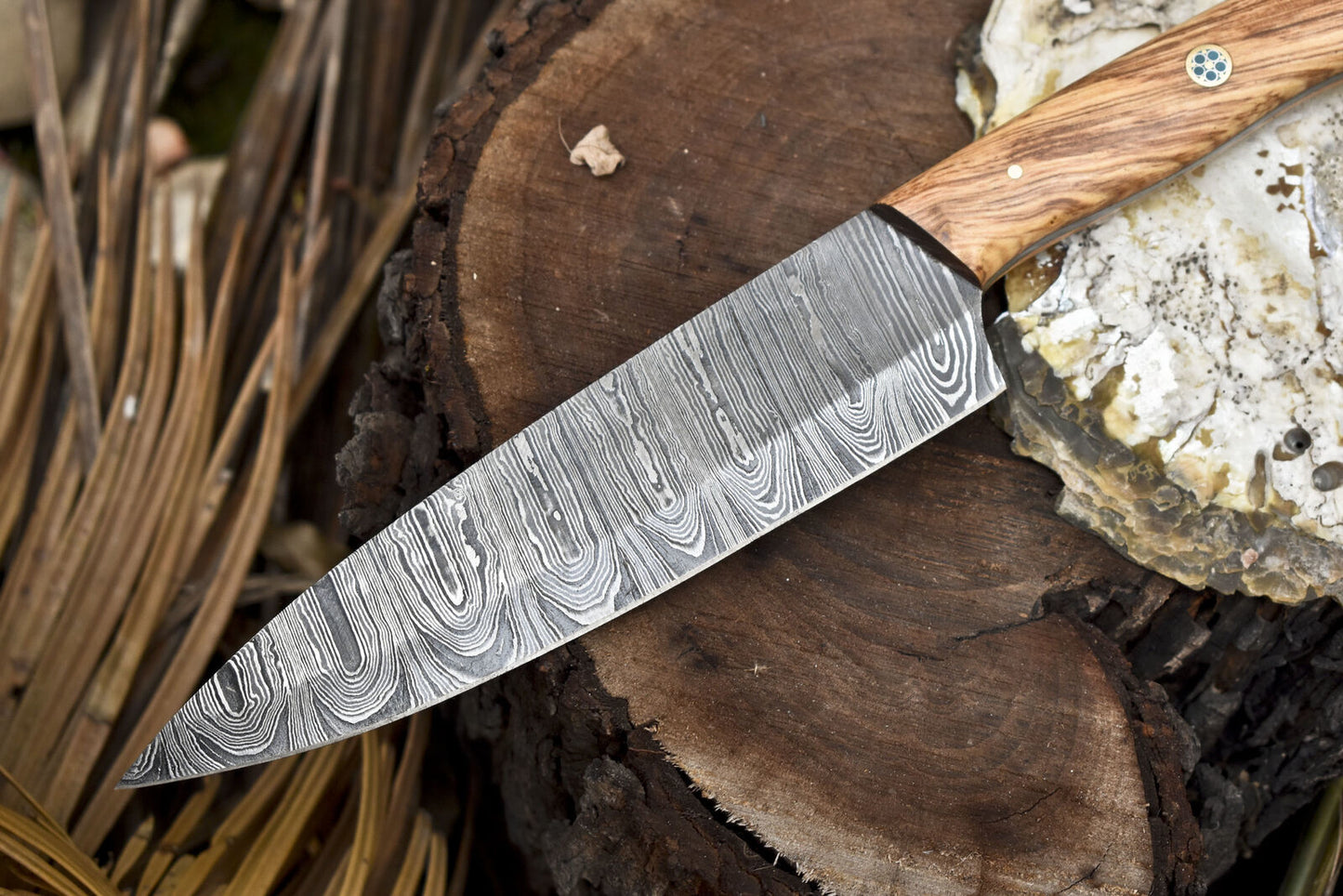 Forged Chef Knife B-Ring Damascus Olive Wood Camping Collectible